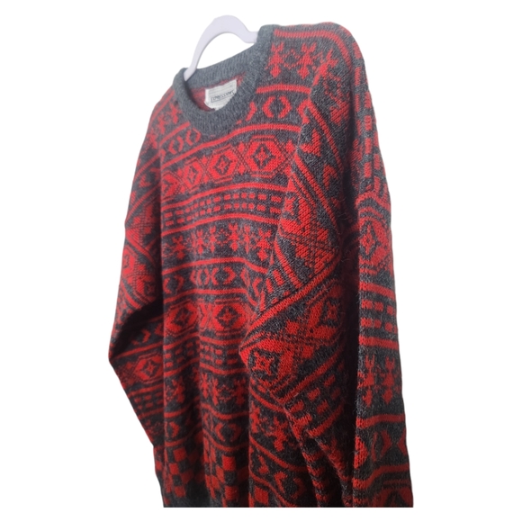 90s Vintage XL Aztec Print Crewneck Pullover Sweater Expressions Men Grey Red - Picture 5 of 6